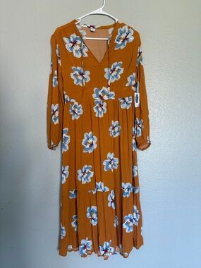 Old Navy Mustard Floral Maxi Dress with Blue and White Blooms